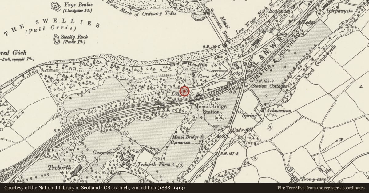 Ordnance Survey six-inch map, 2nd edition (1888–1913) covering the location of Lodge to the Britannia Park, Pentir, Gwynedd, with a pin at the register's coordinates
