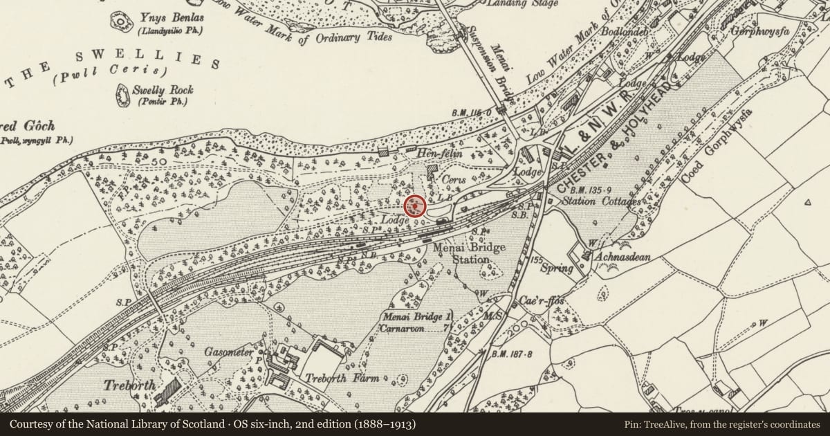 Ordnance Survey six-inch map, 2nd edition (1888–1913) covering the location of Entrance gate piers to the Britannia Park, Pentir, Gwynedd, with a pin at the register's coordinates