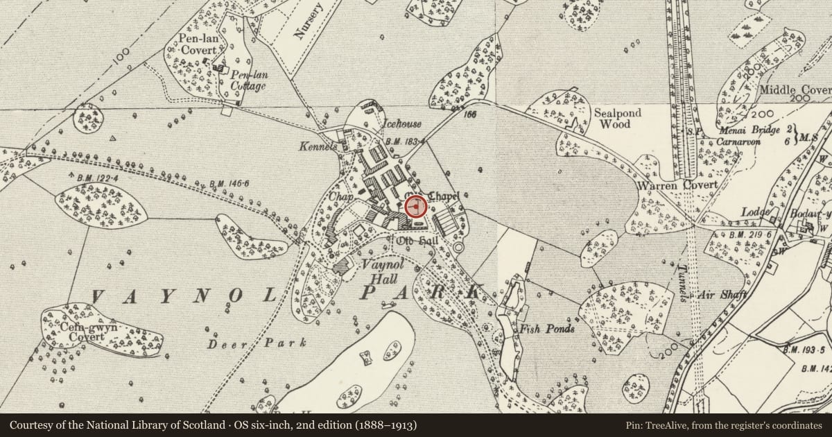 Ordnance Survey six-inch map, 2nd edition (1888–1913) covering the location of Classical bust on stele in niche of garden wall at Vaynol Old Hall, Pentir, Gwynedd, with a pin at the register's coordinates