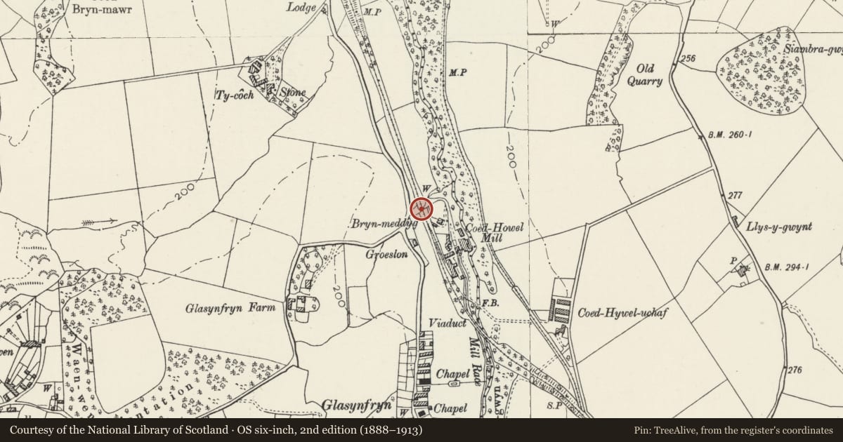 Ordnance Survey six-inch map, 2nd edition (1888–1913) covering the location of Railway bridge at Coed Howel, Pentir, Gwynedd, with a pin at the register's coordinates