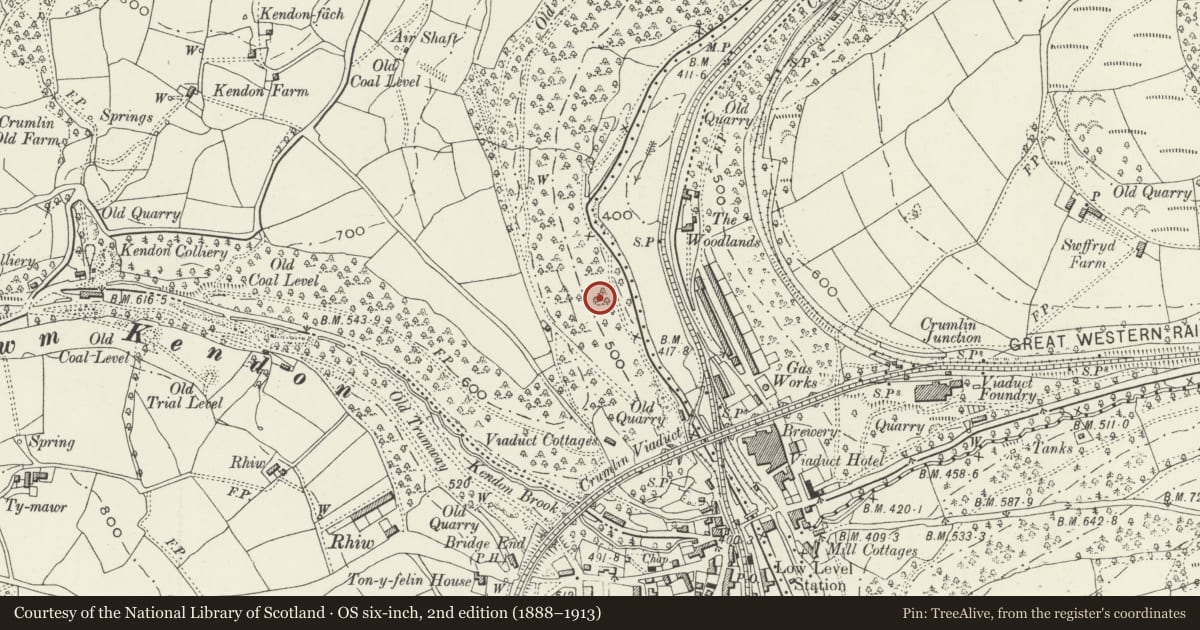 Ordnance Survey six-inch map, 2nd edition (1888–1913) covering the location of Former Navigation Colliery Lamp Room, Crumlin, Caerphilly, with a pin at the register's coordinates