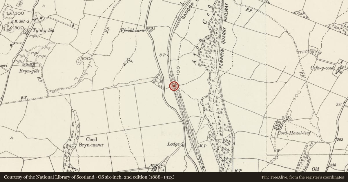Ordnance Survey six-inch map, 2nd edition (1888–1913) covering the location of Railway bridge at Ffridd-carw, Pentir, Gwynedd, with a pin at the register's coordinates