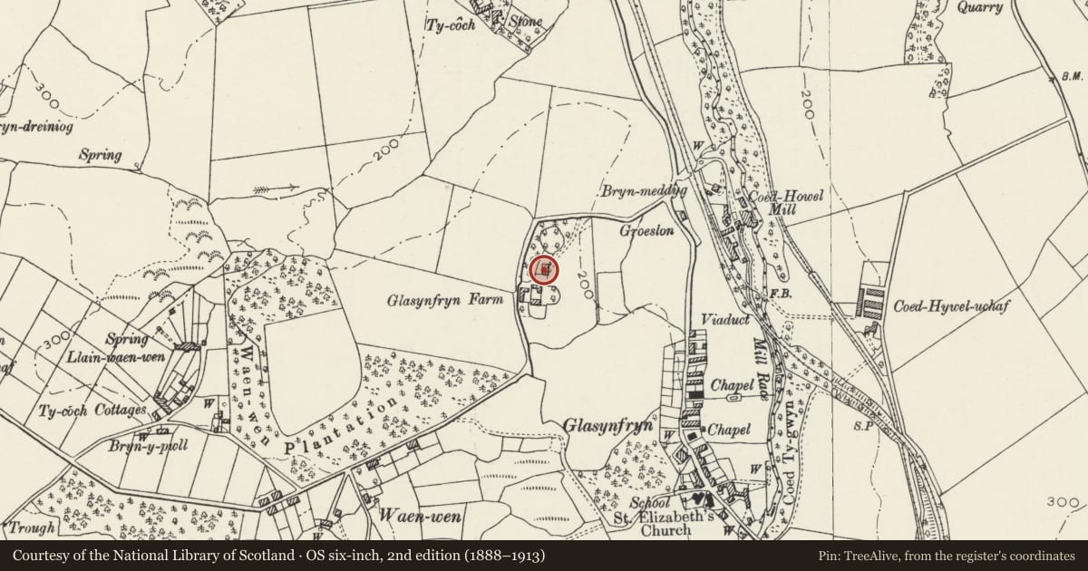 Ordnance Survey six-inch map, 2nd edition (1888–1913) covering the location of Fferm Glasynfryn, Pentir, Gwynedd, with a pin at the register's coordinates