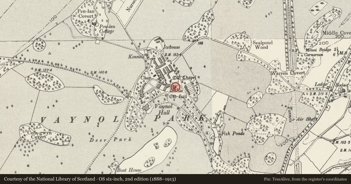 Ordnance Survey six-inch map, 2nd edition (1888–1913) covering the location of Walls to inner and outer gardens on E side of Vaynol Old Hall, Pentir, Gwynedd, with a pin at the register's coordinates
