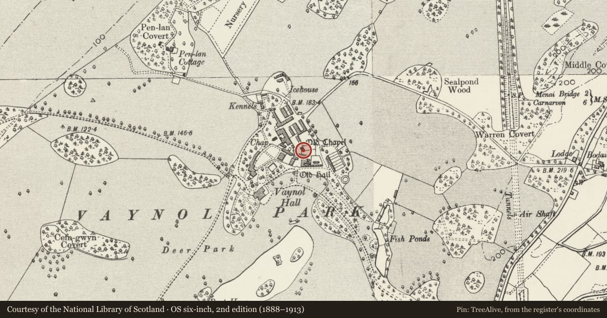 Ordnance Survey six-inch map, 2nd edition (1888–1913) covering the location of Arched wall to forecourt of Vaynol Old Hall, Pentir, Gwynedd, with a pin at the register's coordinates