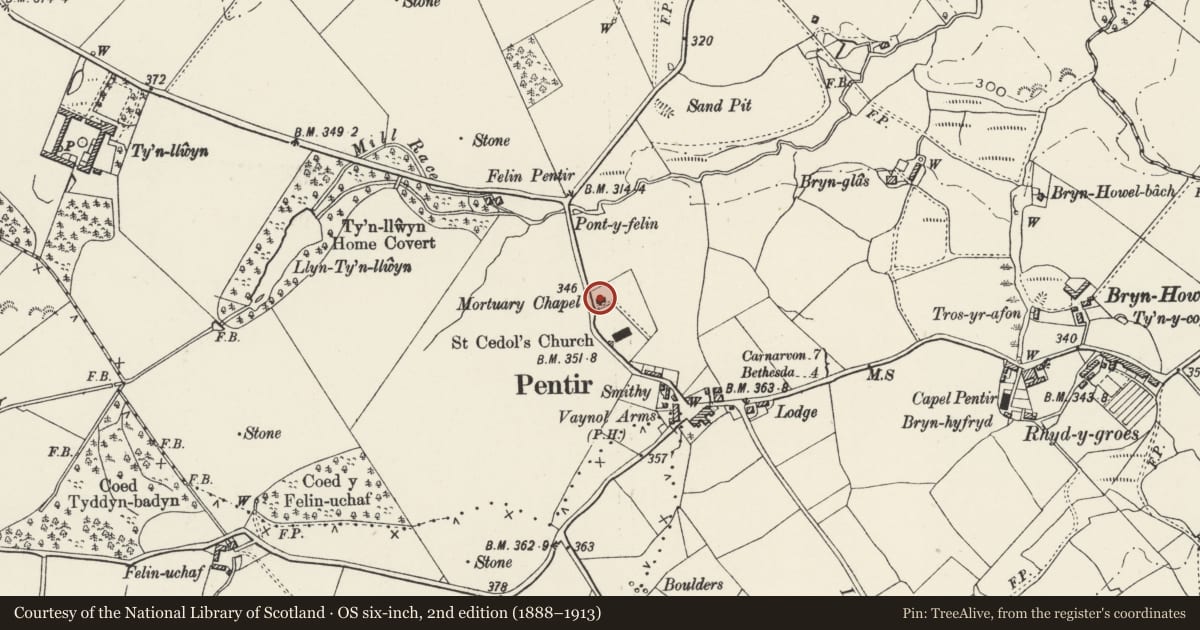 Ordnance Survey six-inch map, 2nd edition (1888–1913) covering the location of Capel y Gladdfa, Pentir, Gwynedd, with a pin at the register's coordinates