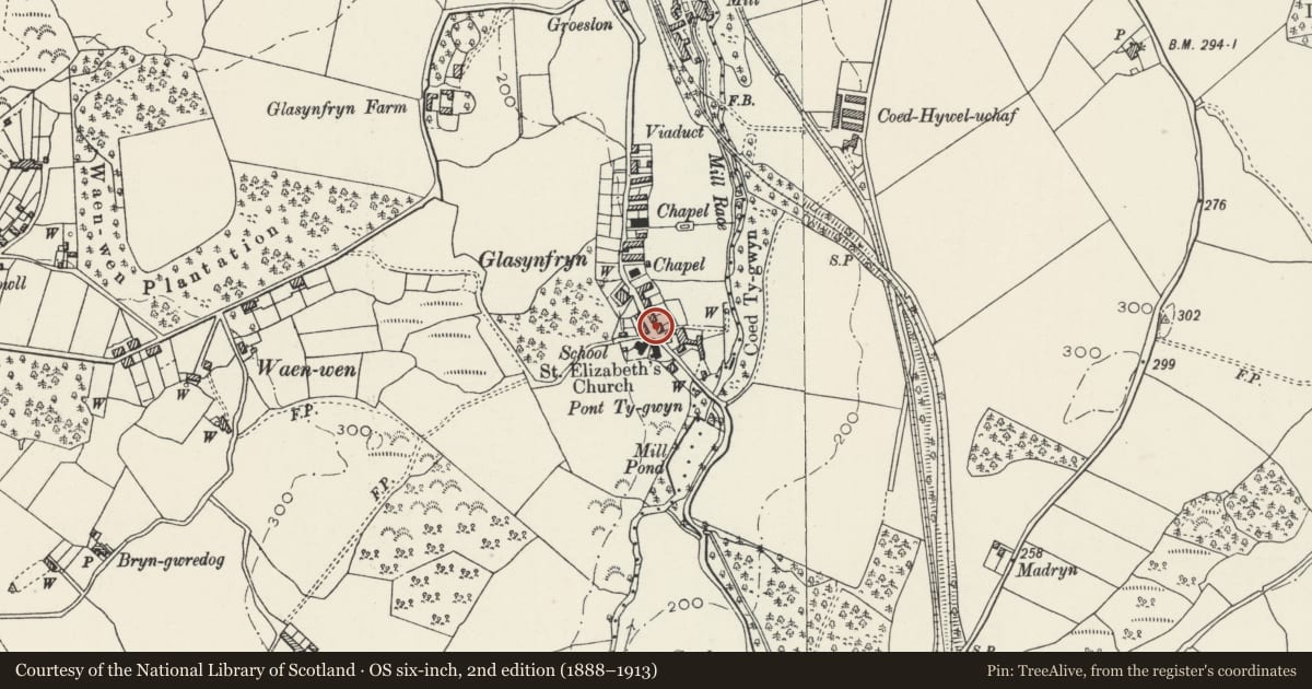 Ordnance Survey six-inch map, 2nd edition (1888–1913) covering the location of 8 High Street, Pentir, Gwynedd, with a pin at the register's coordinates