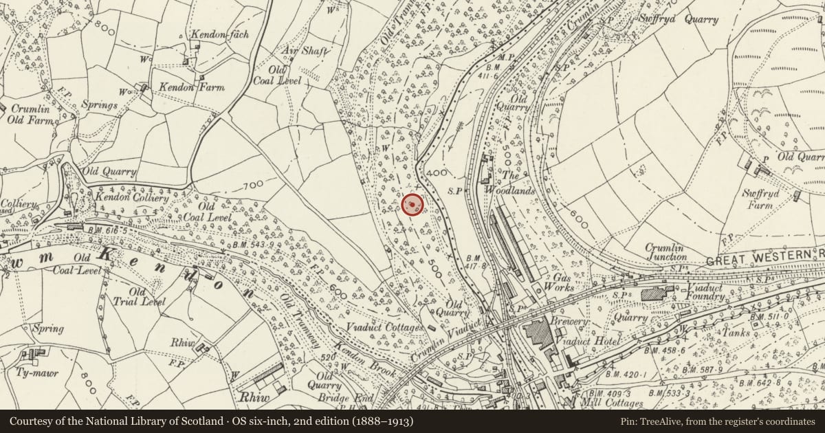Ordnance Survey six-inch map, 2nd edition (1888–1913) covering the location of Former Navigation Colliery Workshops and Stores, Crumlin, Caerphilly, with a pin at the register's coordinates