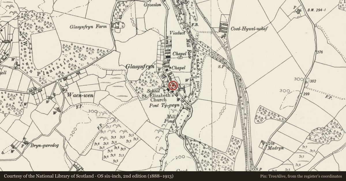 Ordnance Survey six-inch map, 2nd edition (1888–1913) covering the location of The Old Post Office, Pentir, Gwynedd, with a pin at the register's coordinates
