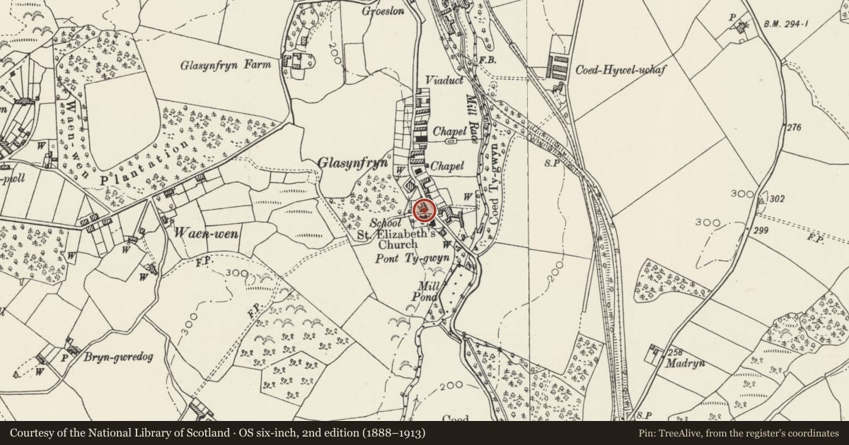 Ordnance Survey six-inch map, 2nd edition (1888–1913) covering the location of 1 Elizabeth Terrace, Pentir, Gwynedd, with a pin at the register's coordinates
