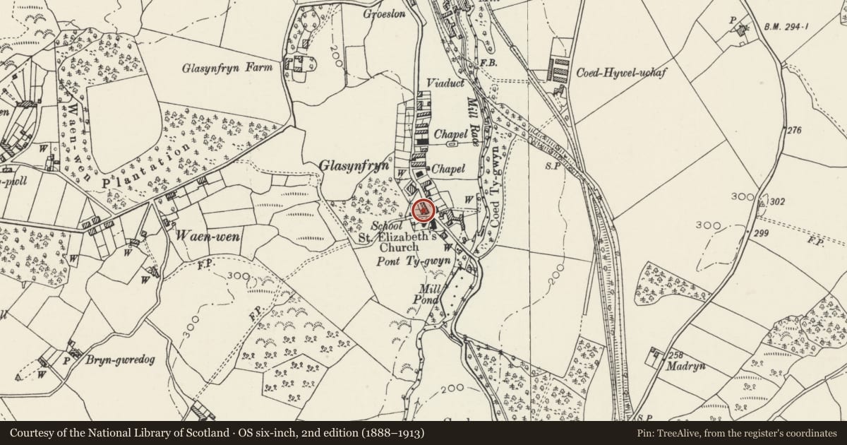 Ordnance Survey six-inch map, 2nd edition (1888–1913) covering the location of 2 Elizabeth Terrace, Pentir, Gwynedd, with a pin at the register's coordinates
