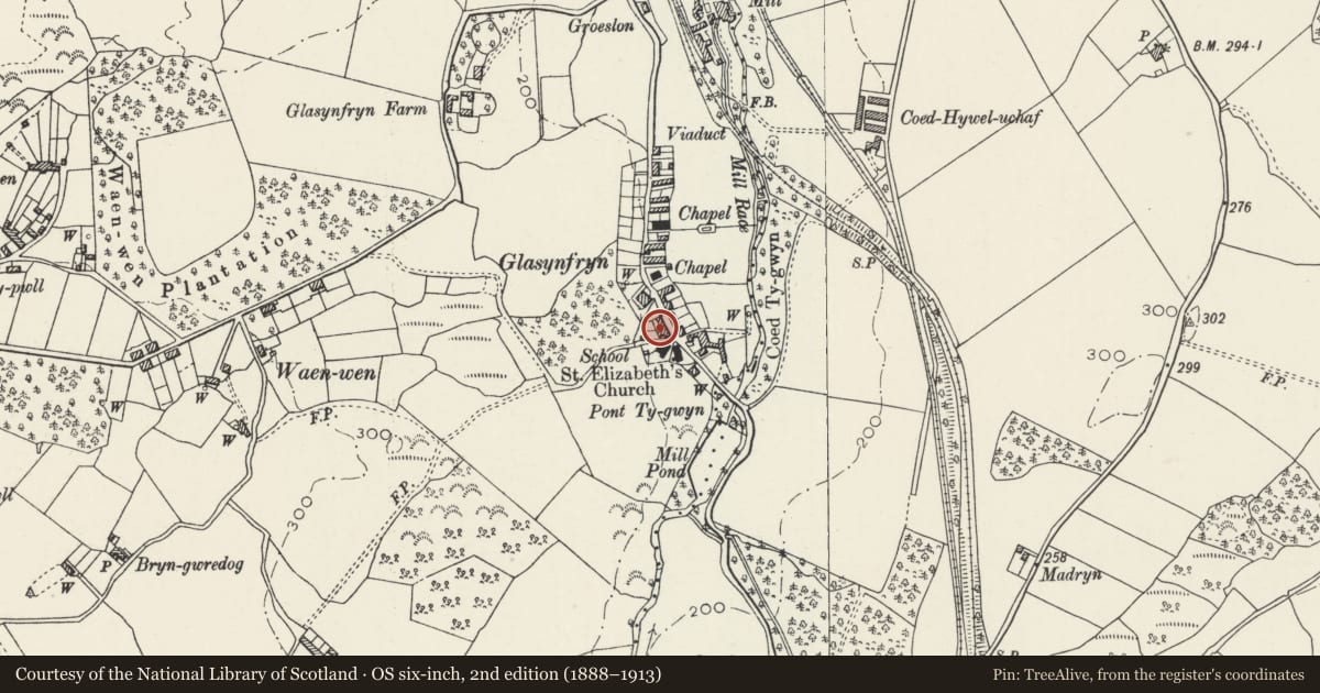 Ordnance Survey six-inch map, 2nd edition (1888–1913) covering the location of 3 Elizabeth Terrace, Pentir, Gwynedd, with a pin at the register's coordinates