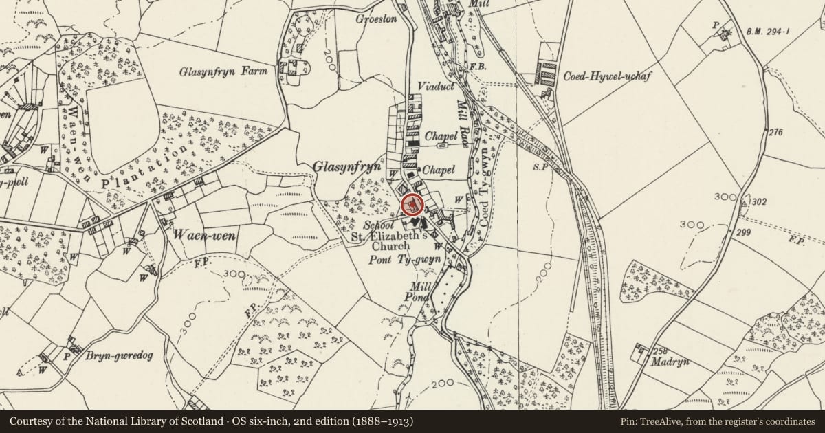 Ordnance Survey six-inch map, 2nd edition (1888–1913) covering the location of 4 Elizabeth Terrace, Pentir, Gwynedd, with a pin at the register's coordinates