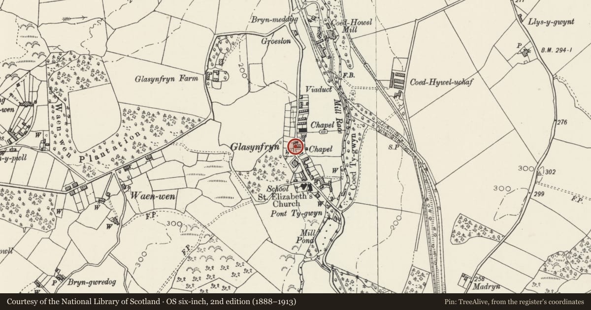 Ordnance Survey six-inch map, 2nd edition (1888–1913) covering the location of Bodlondeb, Pentir, Gwynedd, with a pin at the register's coordinates