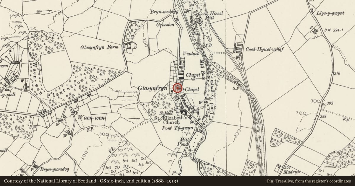 Ordnance Survey six-inch map, 2nd edition (1888–1913) covering the location of 1 Howe Street, Pentir, Gwynedd, with a pin at the register's coordinates