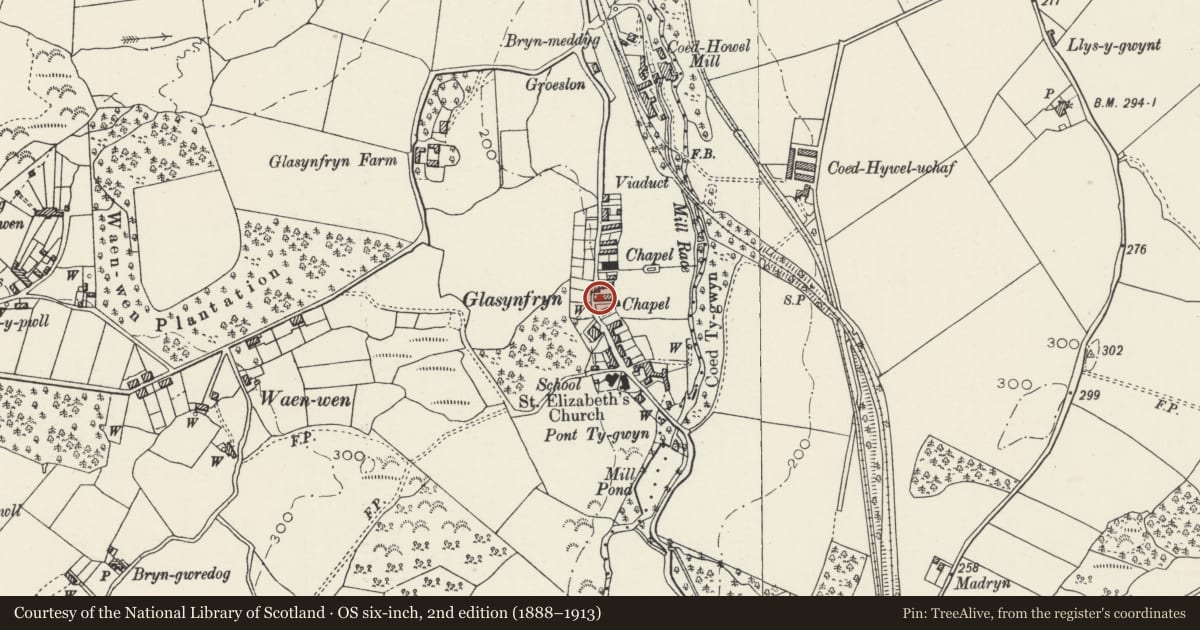Ordnance Survey six-inch map, 2nd edition (1888–1913) covering the location of 2 Howe Street, Pentir, Gwynedd, with a pin at the register's coordinates