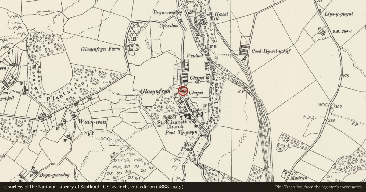 Ordnance Survey six-inch map, 2nd edition (1888–1913) covering the location of 3 Howe Street, Pentir, Gwynedd, with a pin at the register's coordinates