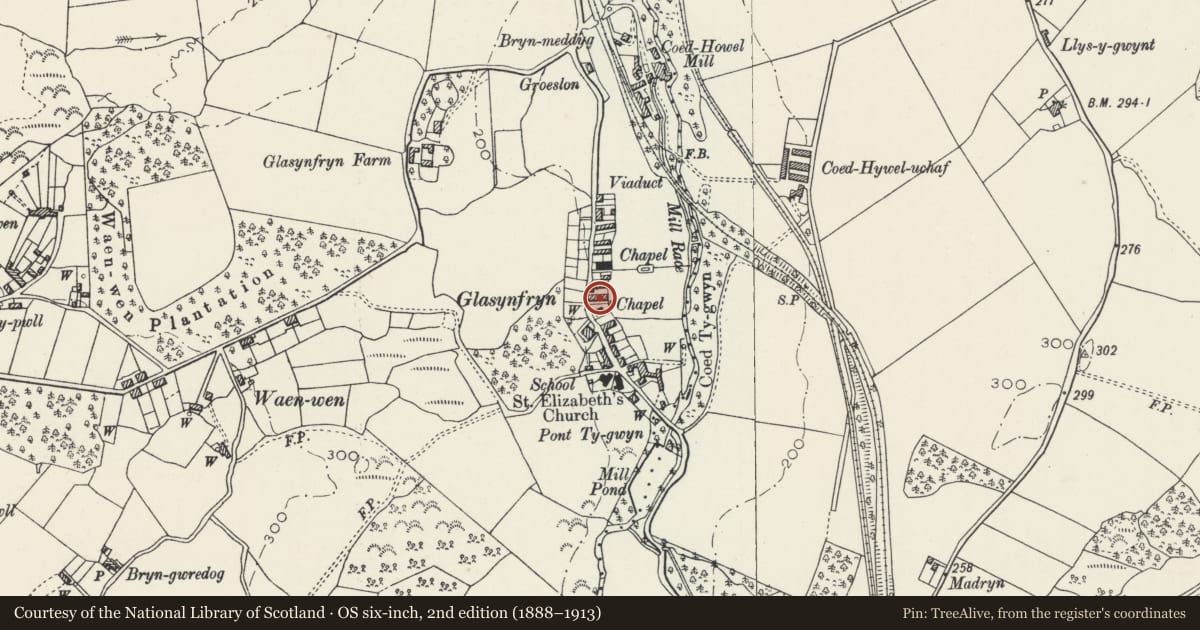 Ordnance Survey six-inch map, 2nd edition (1888–1913) covering the location of 4 Howe Street, Pentir, Gwynedd, with a pin at the register's coordinates