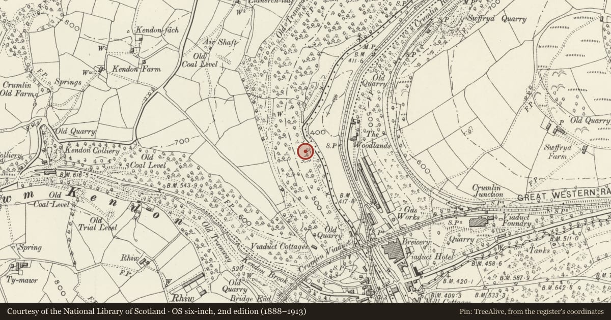 Ordnance Survey six-inch map, 2nd edition (1888–1913) covering the location of Former Navigation Colliery North Winding Engine House, Crumlin, Caerphilly, with a pin at the register's coordinates
