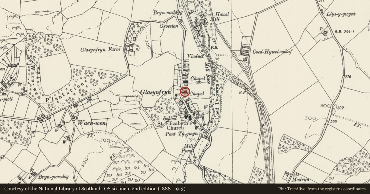 Ordnance Survey six-inch map, 2nd edition (1888–1913) covering the location of 5 Howe Street, Pentir, Gwynedd, with a pin at the register's coordinates