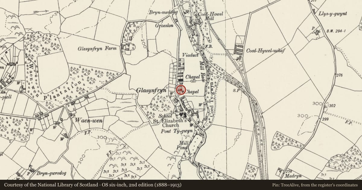 Ordnance Survey six-inch map, 2nd edition (1888–1913) covering the location of 6 Howe Street, Pentir, Gwynedd, with a pin at the register's coordinates