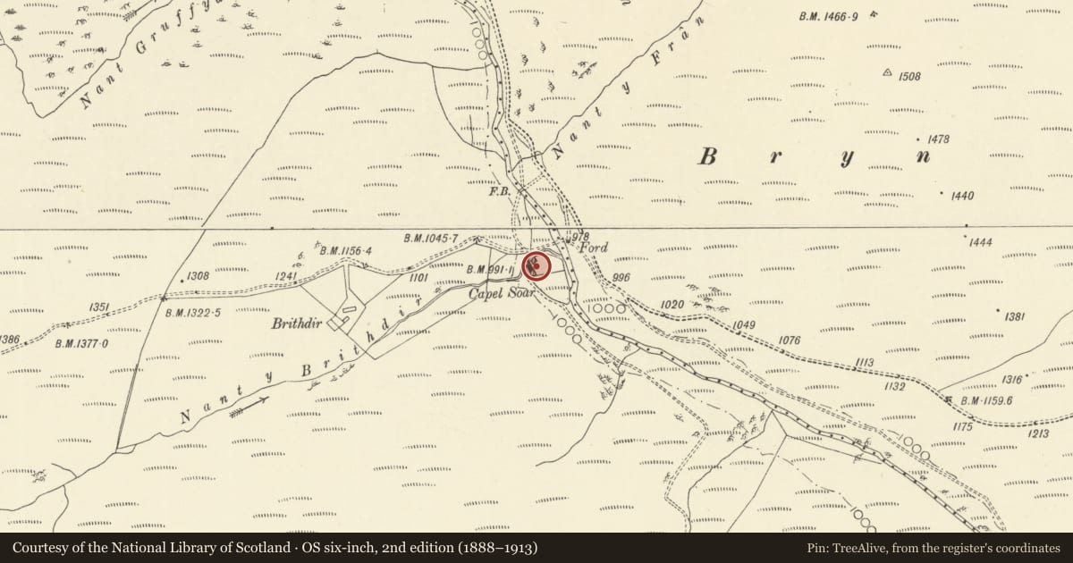 Ordnance Survey six-inch map, 2nd edition (1888–1913) covering the location of Capel Soar and attached house, Llanddewi Brefi, Ceredigion, with a pin at the register's coordinates
