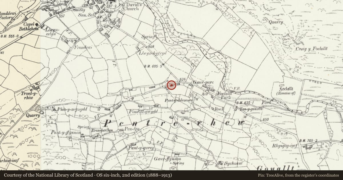 Ordnance Survey six-inch map, 2nd edition (1888–1913) covering the location of Barn to W of Neuadd, Llanddewi Brefi, Ceredigion, with a pin at the register's coordinates