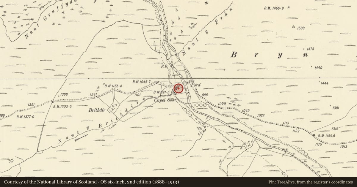 Ordnance Survey six-inch map, 2nd edition (1888–1913) covering the location of Outbuilding by Capel Soar and attached wall to W, Llanddewi Brefi, Ceredigion, with a pin at the register's coordinates