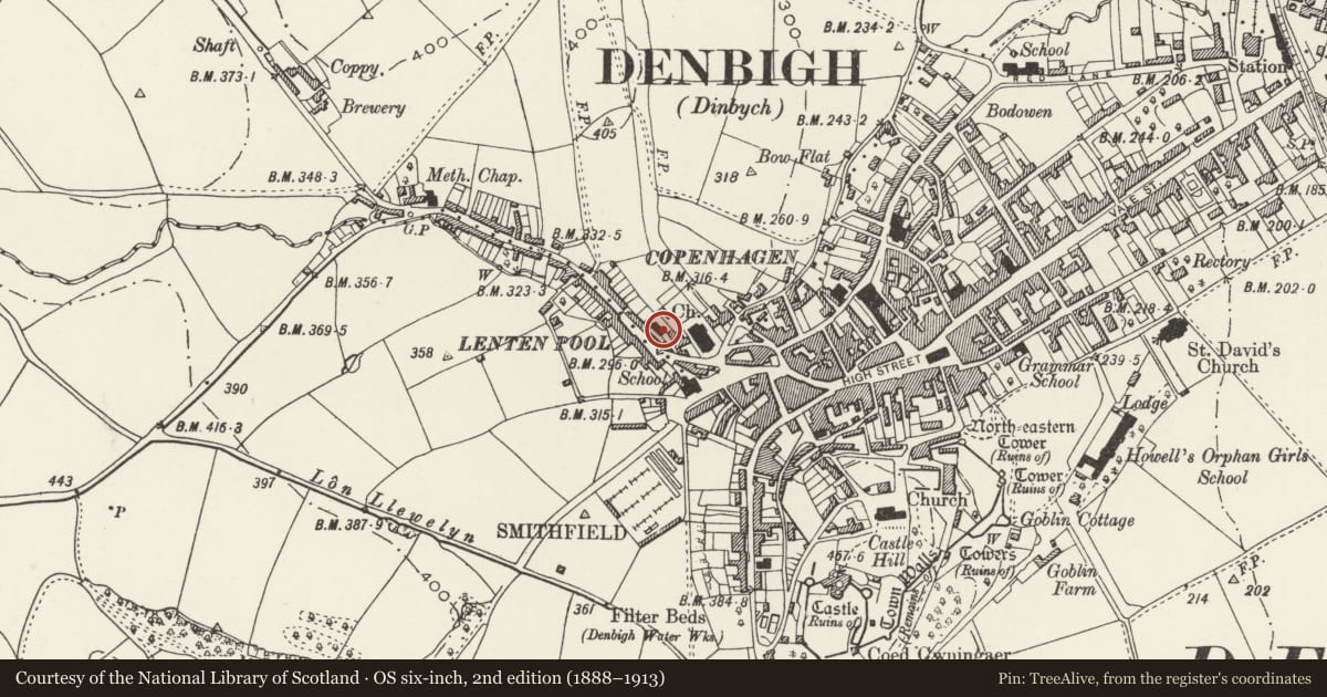 Ordnance Survey six-inch map, 2nd edition (1888–1913) covering the location of Welsh Baptist Chapel, Denbigh, Denbighshire, with a pin at the register's coordinates