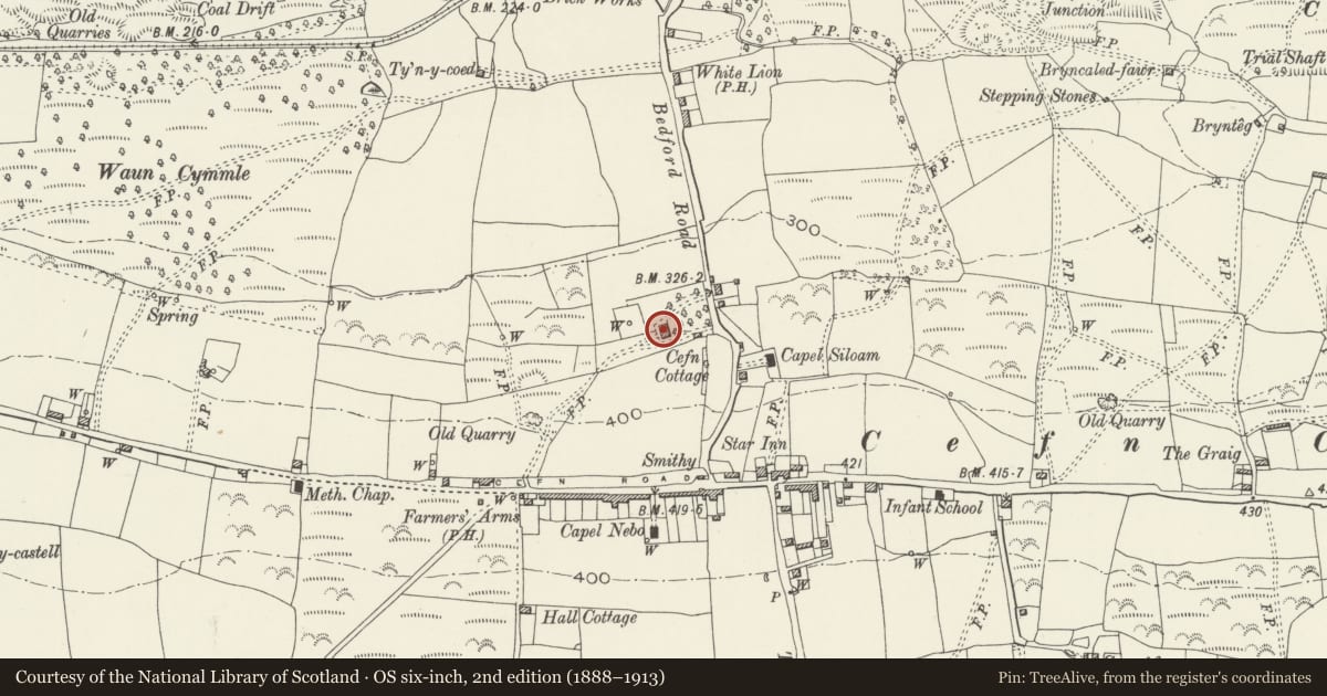 Ordnance Survey six-inch map, 2nd edition (1888–1913) covering the location of Bedford House, Cefn Cribwr, Bridgend, with a pin at the register's coordinates