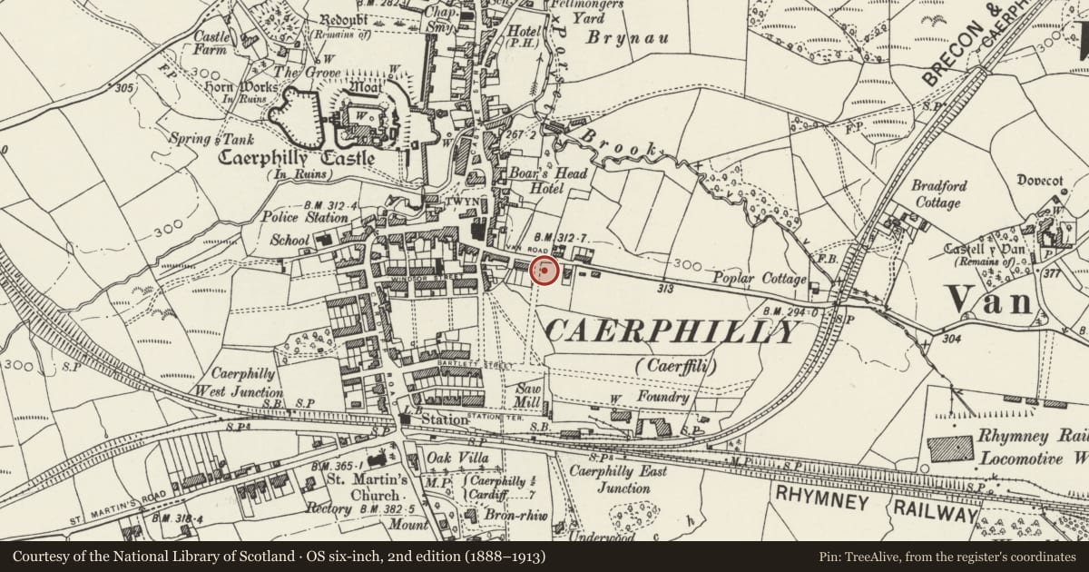 Ordnance Survey six-inch map, 2nd edition (1888–1913) covering the location of Van Road United Reformed Church, Caerphilly, with a pin at the register's coordinates