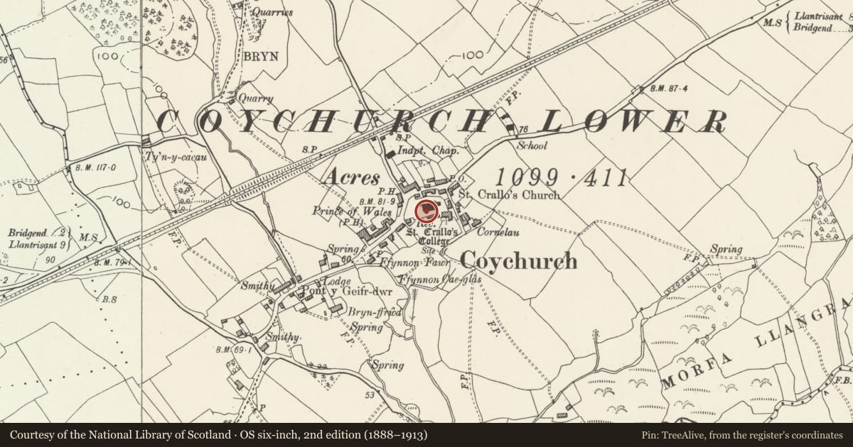 Ordnance Survey six-inch map, 2nd edition (1888–1913) covering the location of Group of 3 table tombs in Coychurch churchyard adjoining S porch, Coychurch Lower, Bridgend, with a pin at the register's coordinates