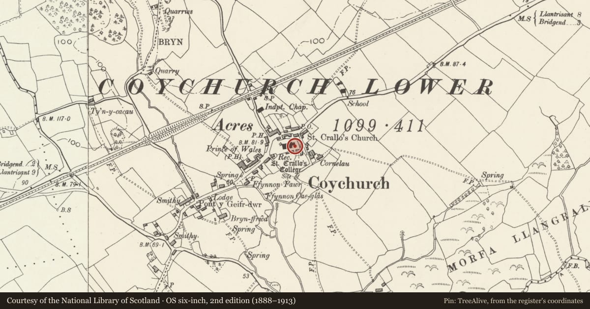 Ordnance Survey six-inch map, 2nd edition (1888–1913) covering the location of Tombstone of Thomas Richards in Coychurch churchyard, Coychurch Lower, Bridgend, with a pin at the register's coordinates