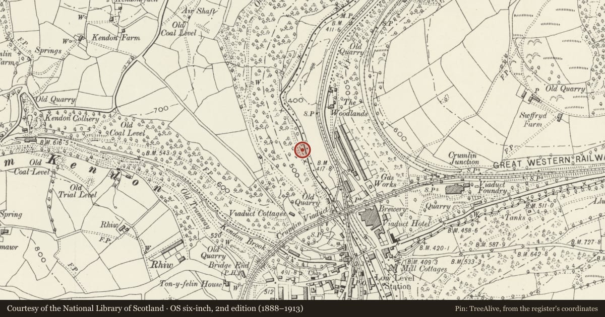 Ordnance Survey six-inch map, 2nd edition (1888–1913) covering the location of Former Navigation Colliery Fan House and Fan Drift, Crumlin, Caerphilly, with a pin at the register's coordinates