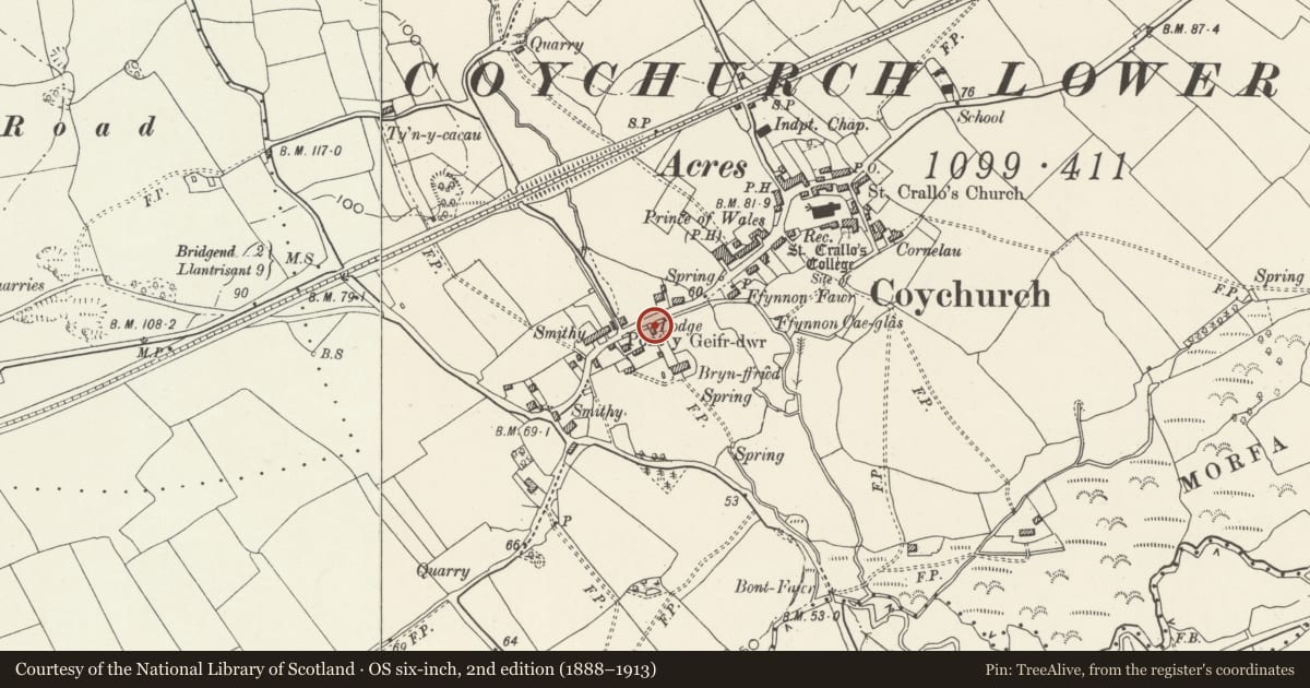 Ordnance Survey six-inch map, 2nd edition (1888–1913) covering the location of Brynffrwd Entrance and Lodge, Coychurch Lower, Bridgend, with a pin at the register's coordinates