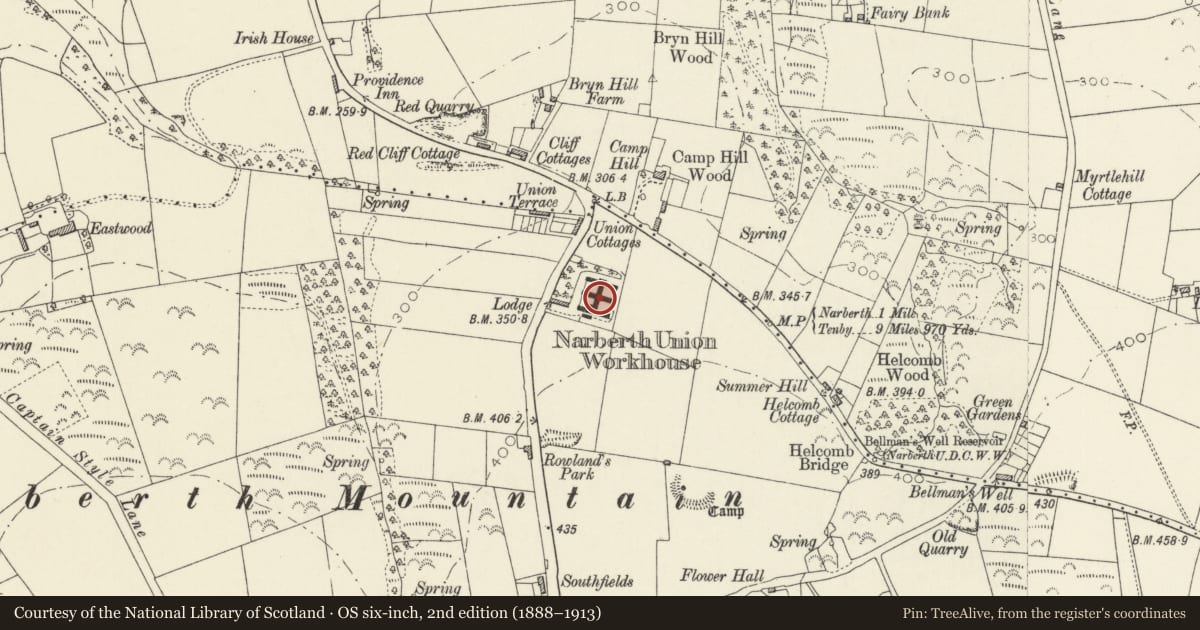 Ordnance Survey six-inch map, 2nd edition (1888–1913) covering the location of Allensbank, Templeton, Pembrokeshire, with a pin at the register's coordinates