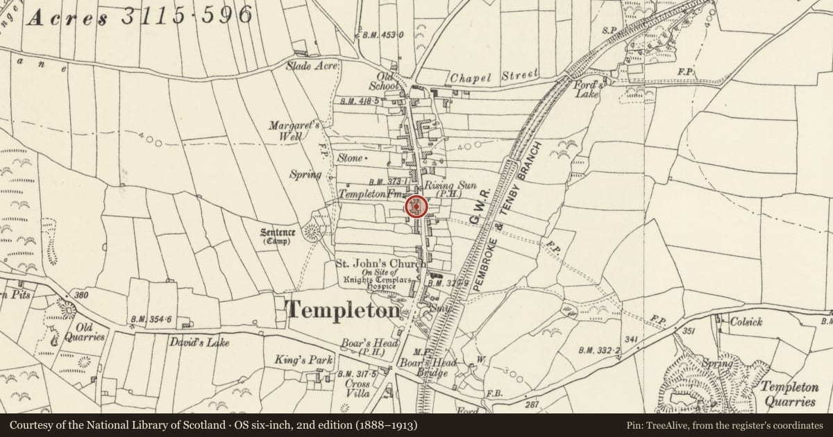Ordnance Survey six-inch map, 2nd edition (1888–1913) covering the location of Templeton Farmhouse, Pembrokeshire, with a pin at the register's coordinates