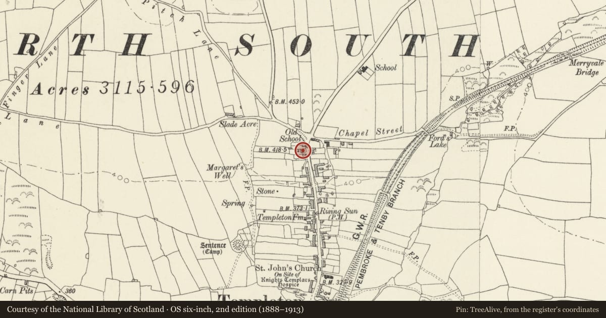 Ordnance Survey six-inch map, 2nd edition (1888–1913) covering the location of Elm House, Templeton, Pembrokeshire, with a pin at the register's coordinates