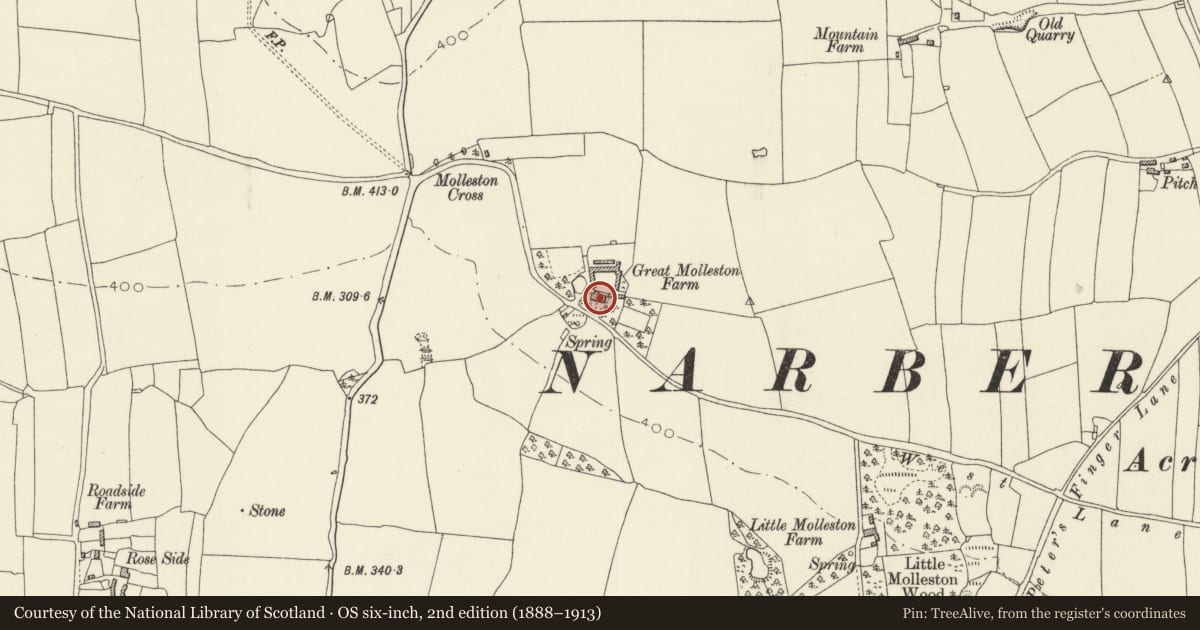 Ordnance Survey six-inch map, 2nd edition (1888–1913) covering the location of Great Molleston Farmhouse, Templeton, Pembrokeshire, with a pin at the register's coordinates