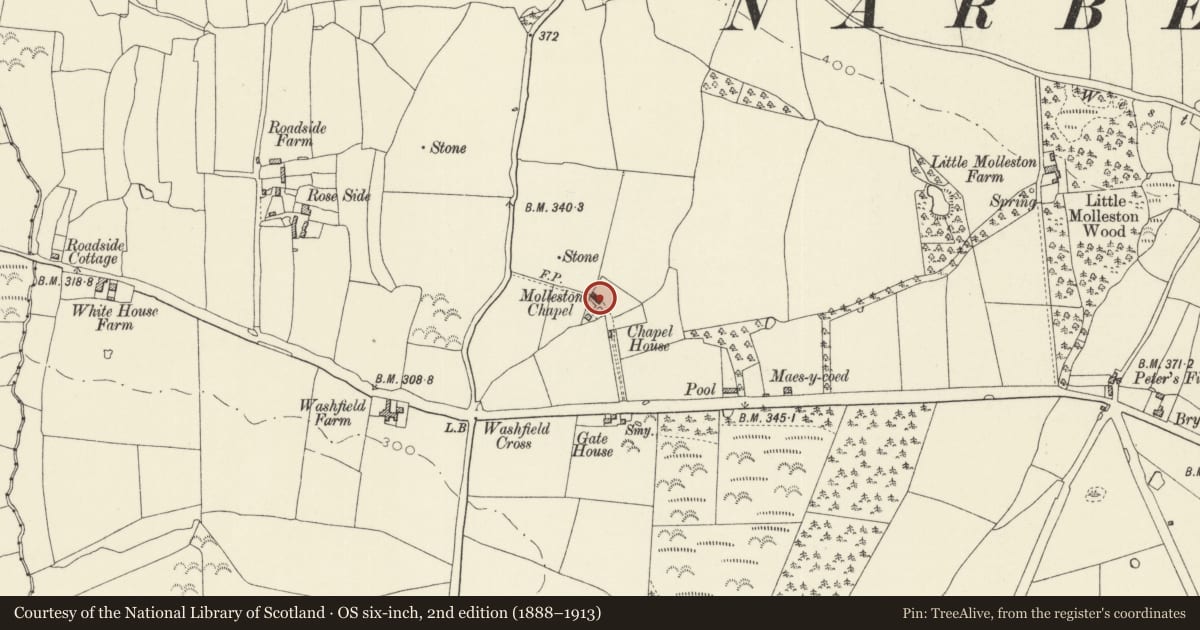 Ordnance Survey six-inch map, 2nd edition (1888–1913) covering the location of Molleston Baptist Chapel, Templeton, Pembrokeshire, with a pin at the register's coordinates