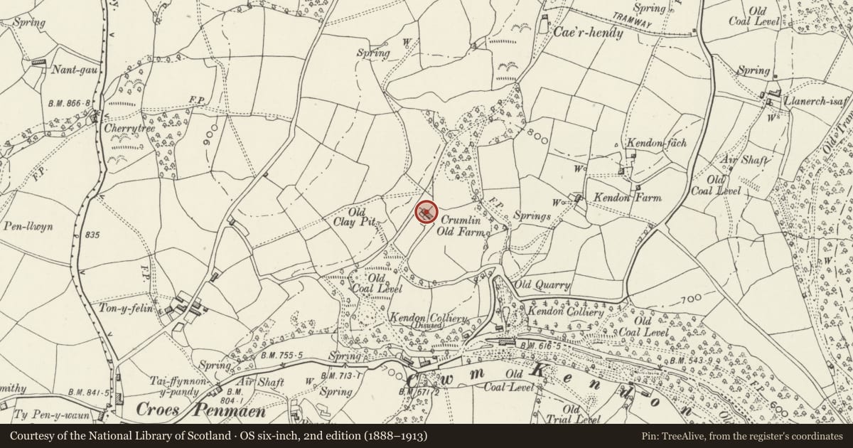 Ordnance Survey six-inch map, 2nd edition (1888–1913) covering the location of Crumlin Old Farmhouse and abutting barn, Caerphilly, with a pin at the register's coordinates