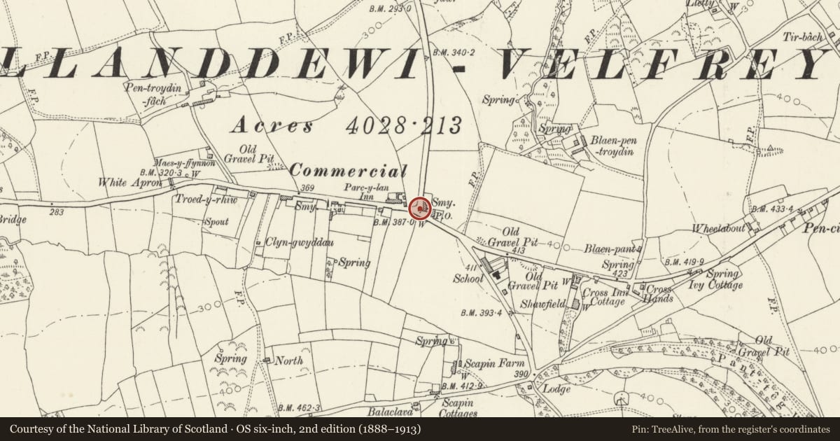 Ordnance Survey six-inch map, 2nd edition (1888–1913) covering the location of War Memorial, Llanddewi Velfrey, Pembrokeshire, with a pin at the register's coordinates