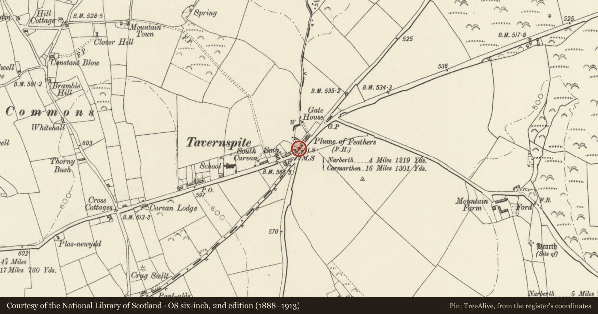 Ordnance Survey six-inch map, 2nd edition (1888–1913) covering the location of Milepost in Tavernspite village, Lampeter Velfrey, Pembrokeshire, with a pin at the register's coordinates