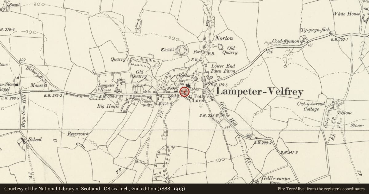 Ordnance Survey six-inch map, 2nd edition (1888–1913) covering the location of War Memorial, Lampeter Velfrey, Pembrokeshire, with a pin at the register's coordinates