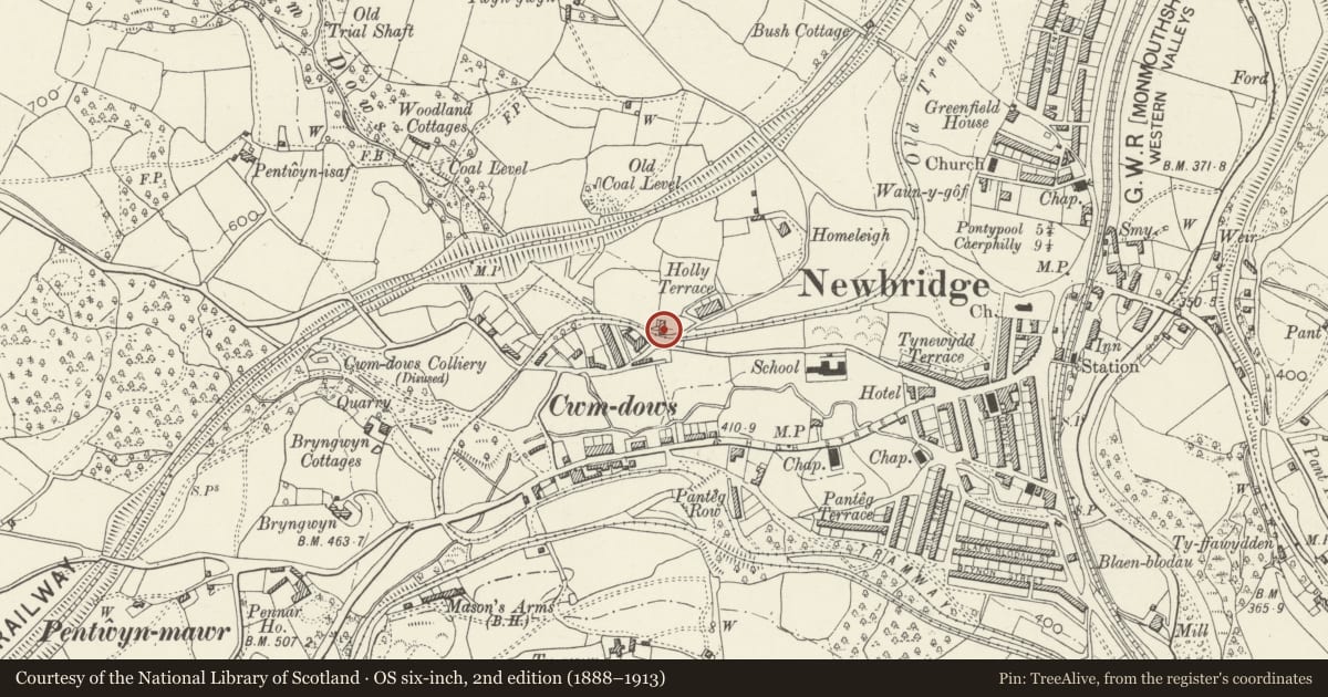 Ordnance Survey six-inch map, 2nd edition (1888–1913) covering the location of Cwmdows Farmhouse, Newbridge, Caerphilly, with a pin at the register's coordinates