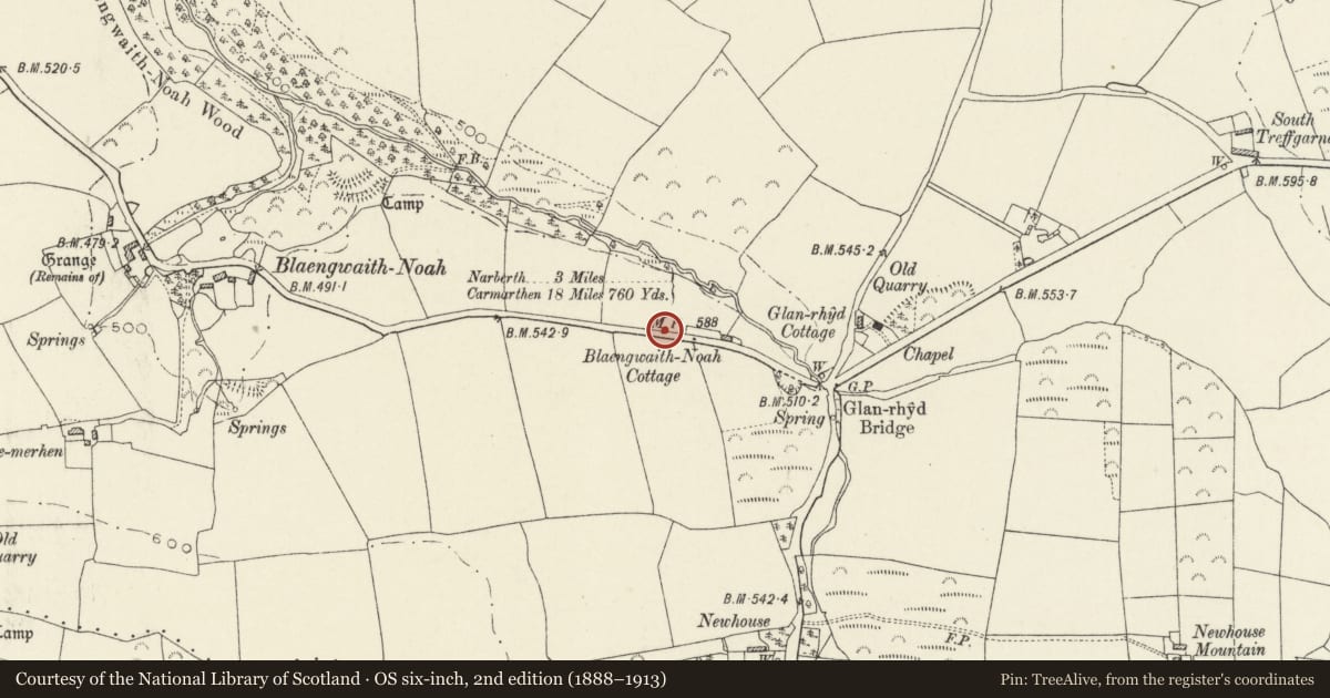 Ordnance Survey six-inch map, 2nd edition (1888–1913) covering the location of Milepost at Glan Rhyd, Lampeter Velfrey, Pembrokeshire, with a pin at the register's coordinates