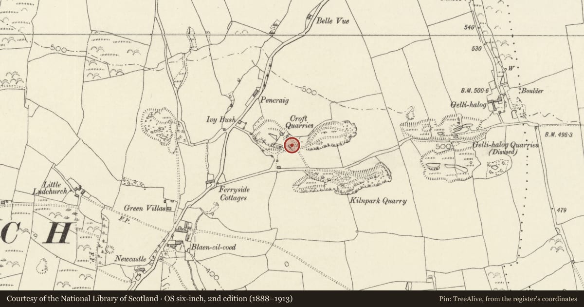 Ordnance Survey six-inch map, 2nd edition (1888–1913) covering the location of East Limekiln at Croft Quarries, Lampeter Velfrey, Pembrokeshire, with a pin at the register's coordinates