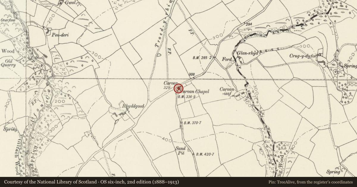 Ordnance Survey six-inch map, 2nd edition (1888–1913) covering the location of Carvan Congregational Chapel, Lampeter Velfrey, Pembrokeshire, with a pin at the register's coordinates