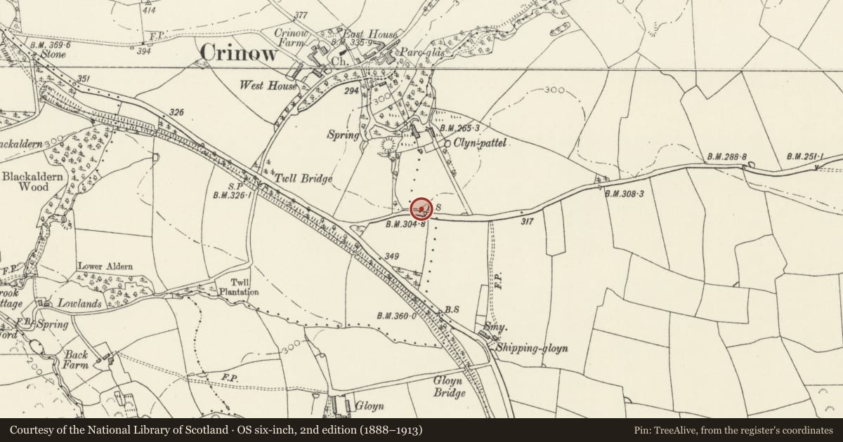 Ordnance Survey six-inch map, 2nd edition (1888–1913) covering the location of Crinow and Lampeter Velfrey Parish Boundary Stone, Pembrokeshire, with a pin at the register's coordinates