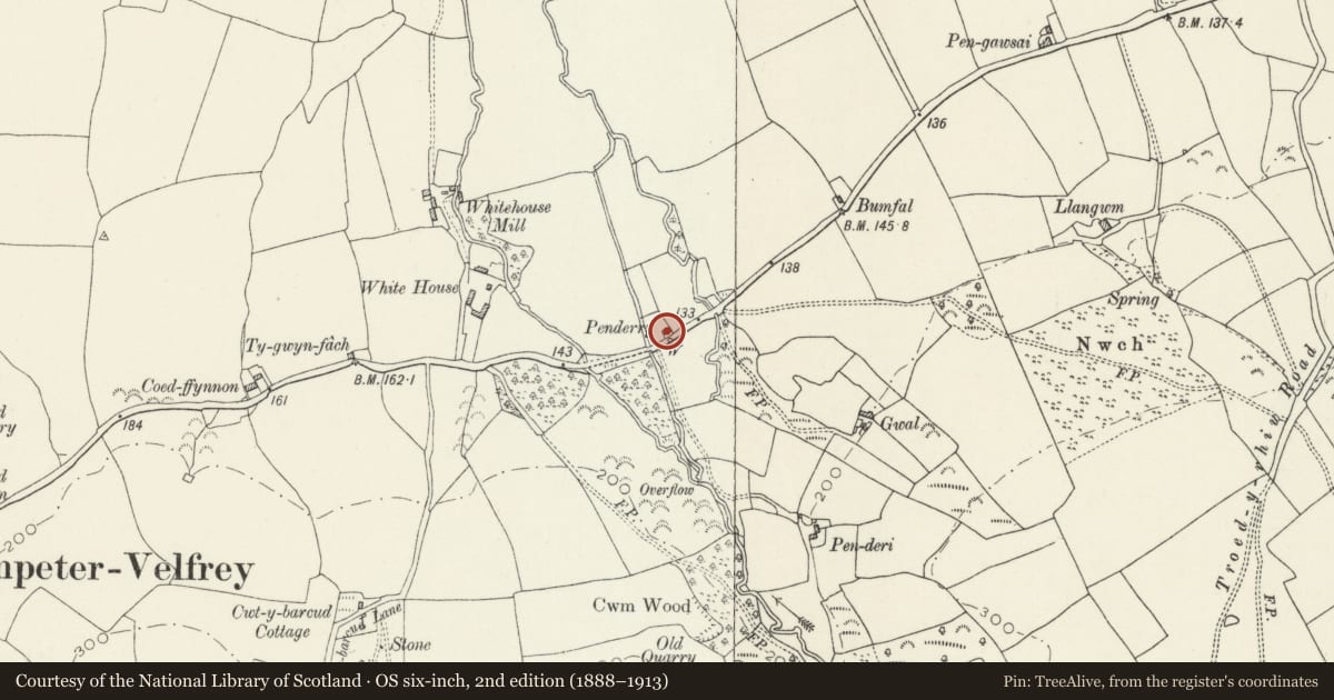 Ordnance Survey six-inch map, 2nd edition (1888–1913) covering the location of Derry Cottage, Lampeter Velfrey, Pembrokeshire, with a pin at the register's coordinates